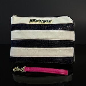 Betsey Johnson Sequin large zip purse,wrist straps,cosmetic bag,travel 9.5X7.5